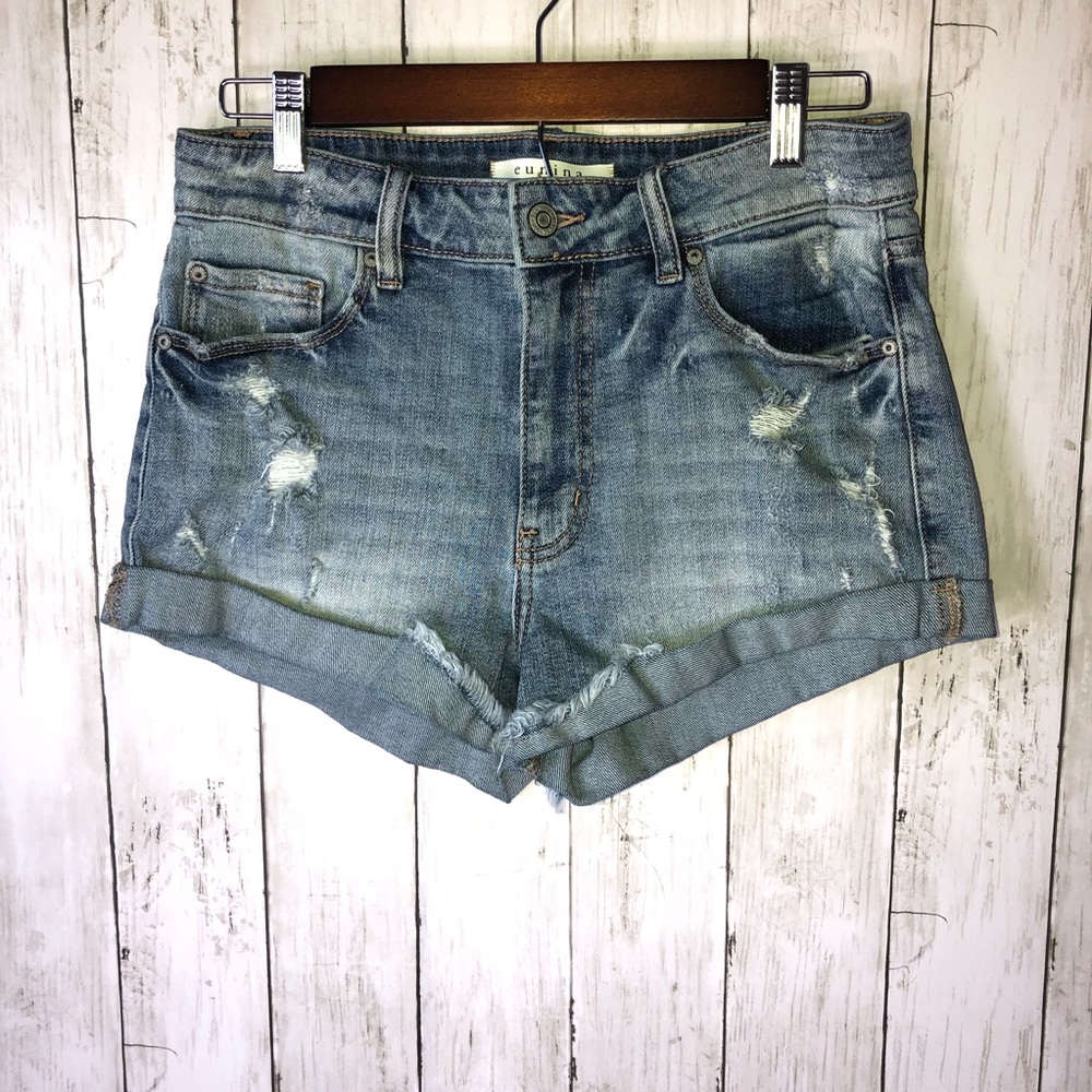 Eunina Kara High Rise Distressed Cuffed Shorts Shortie Hi-Low Medium Light Wash
